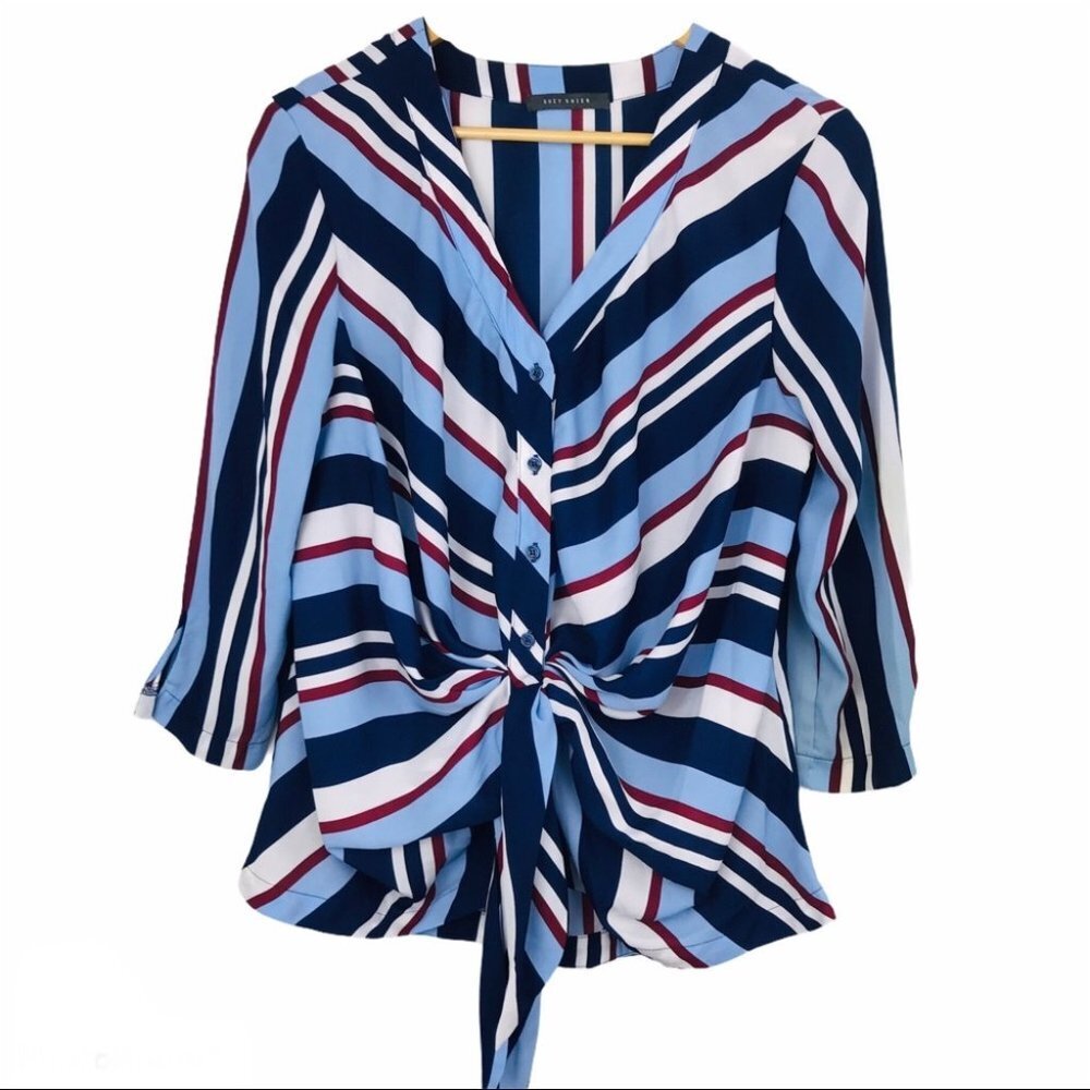 Suzy Shier Striped Tie Front Button  Down Blouse M